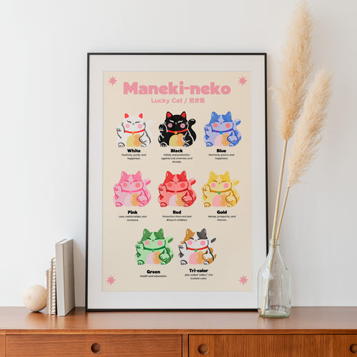 Framed poster of Maneki-neko with color options on a wooden surface.