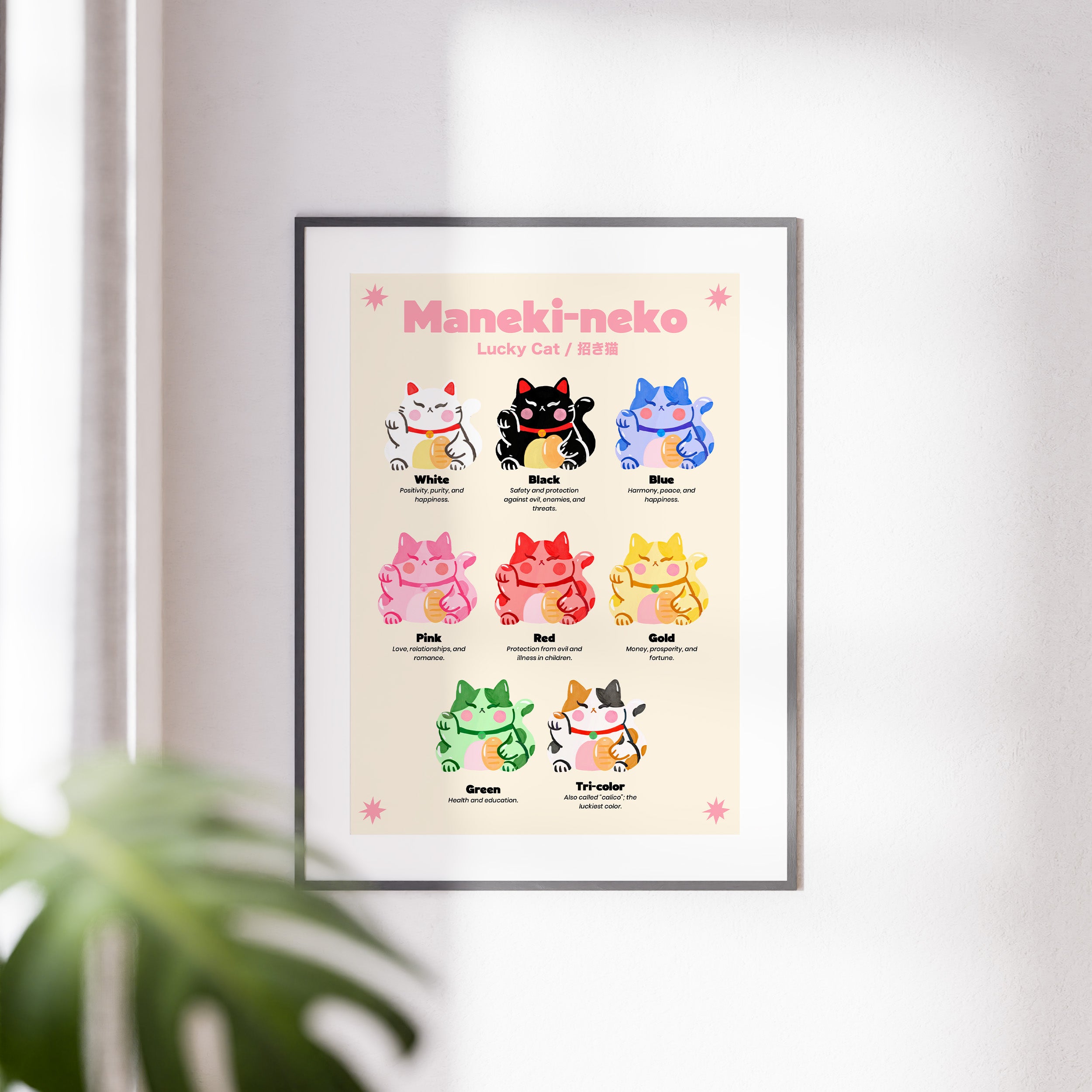 Framed poster of Maneki-neko with colorful illustrations on a light background