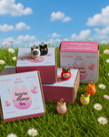 Surprise Meow Box with small cat-themed figurines on a grassy field with flowers.