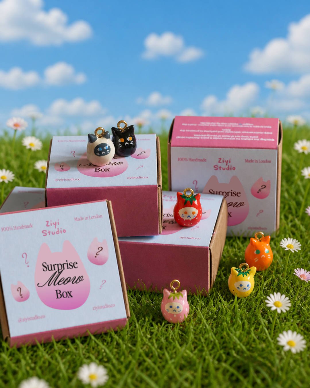 Surprise Meow Box with small cat-themed figurines on a grassy field with flowers.