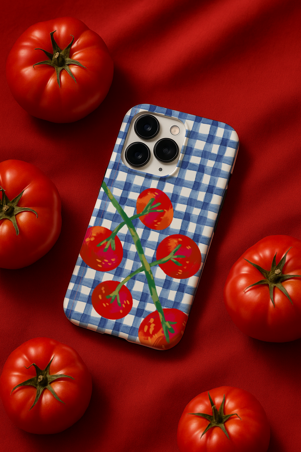Tomato iPhone case on red fabric with fresh tomatoes, showing vibrant tomato vine over gingham background in natural light.