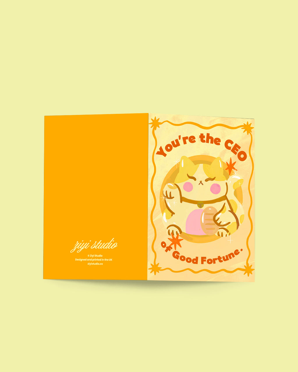 Greeting card with cartoon character and text on a yellow background