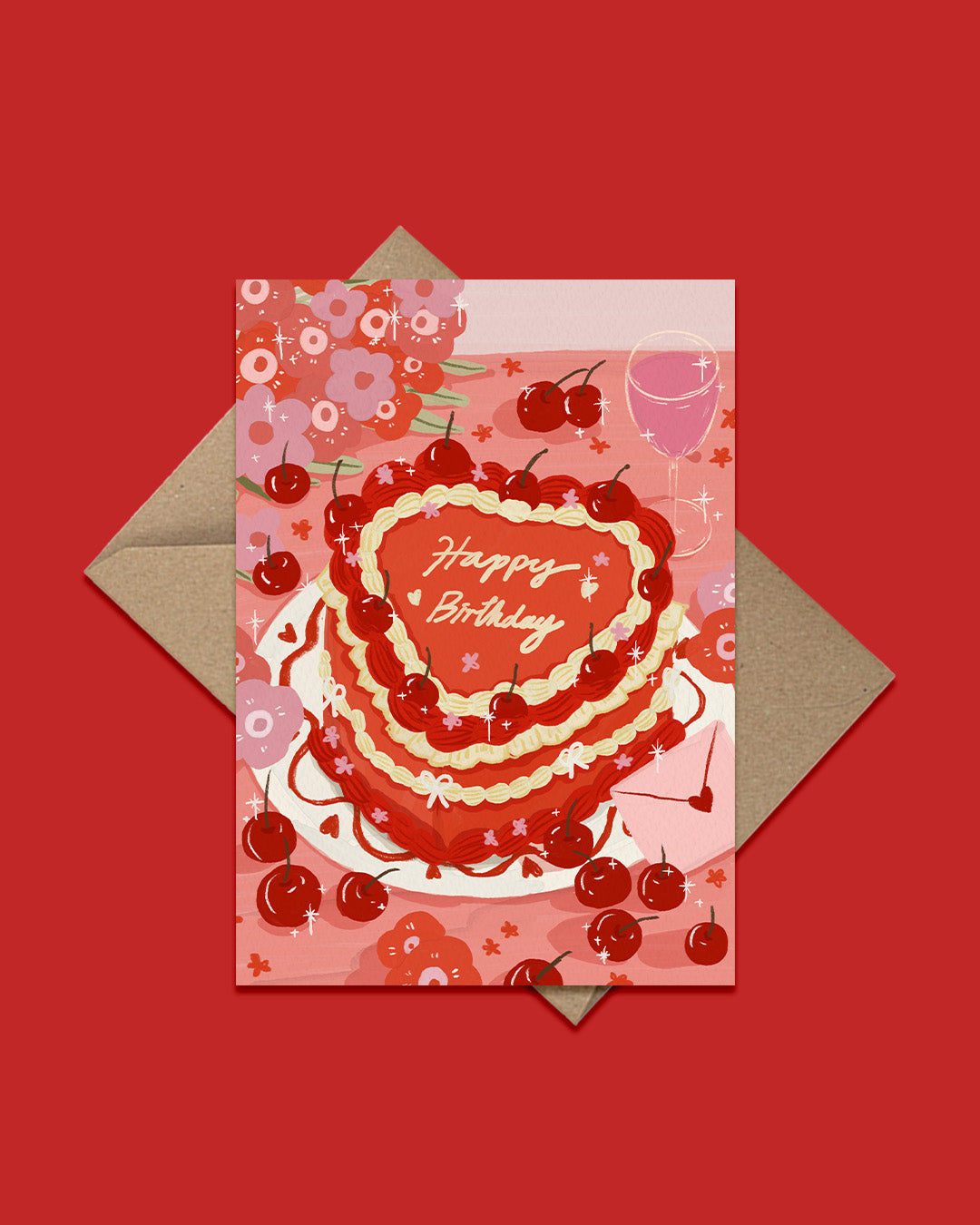 Cherry Heart Cake Birthday Greeting Card
