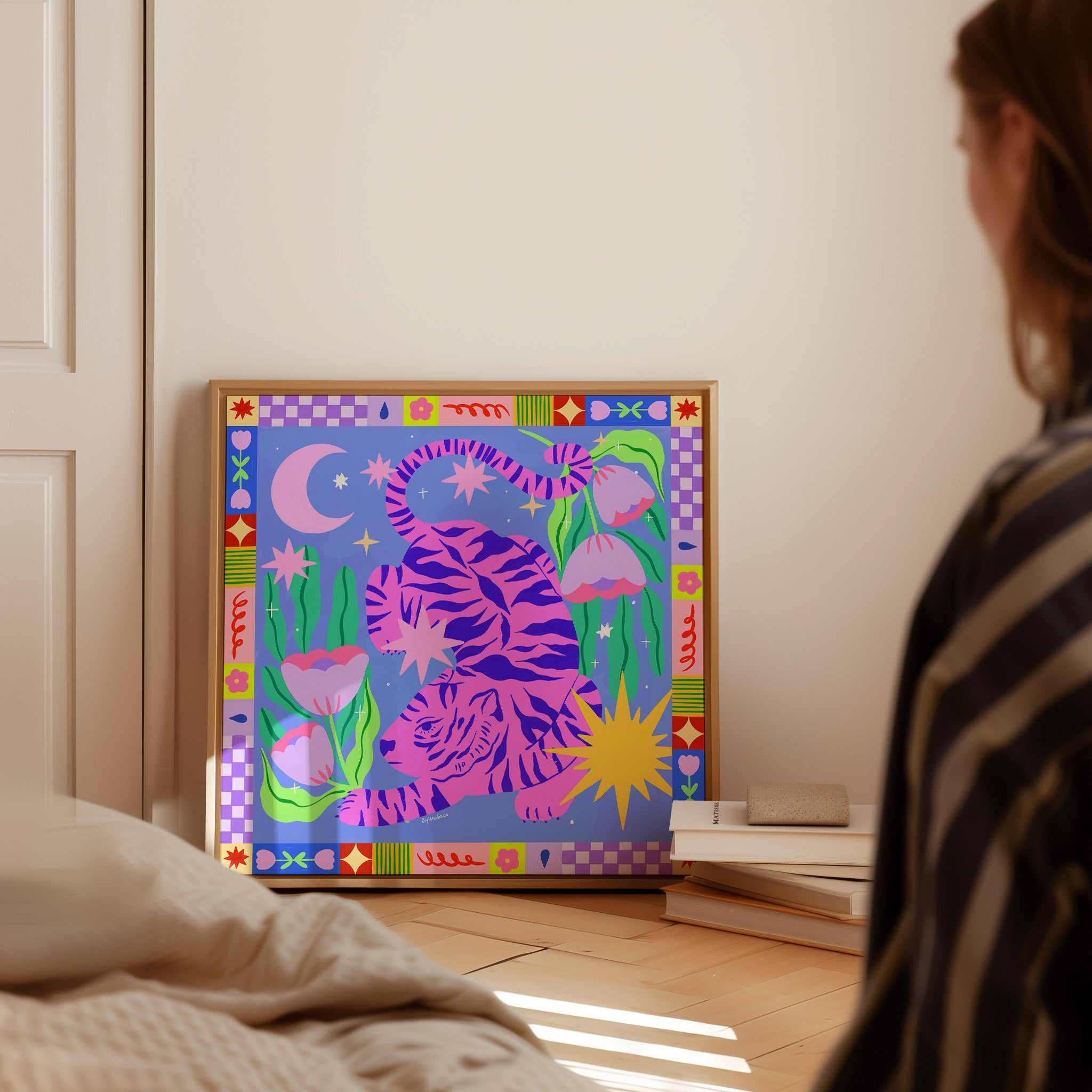 Starry Night & Pink Tiger Art Print
