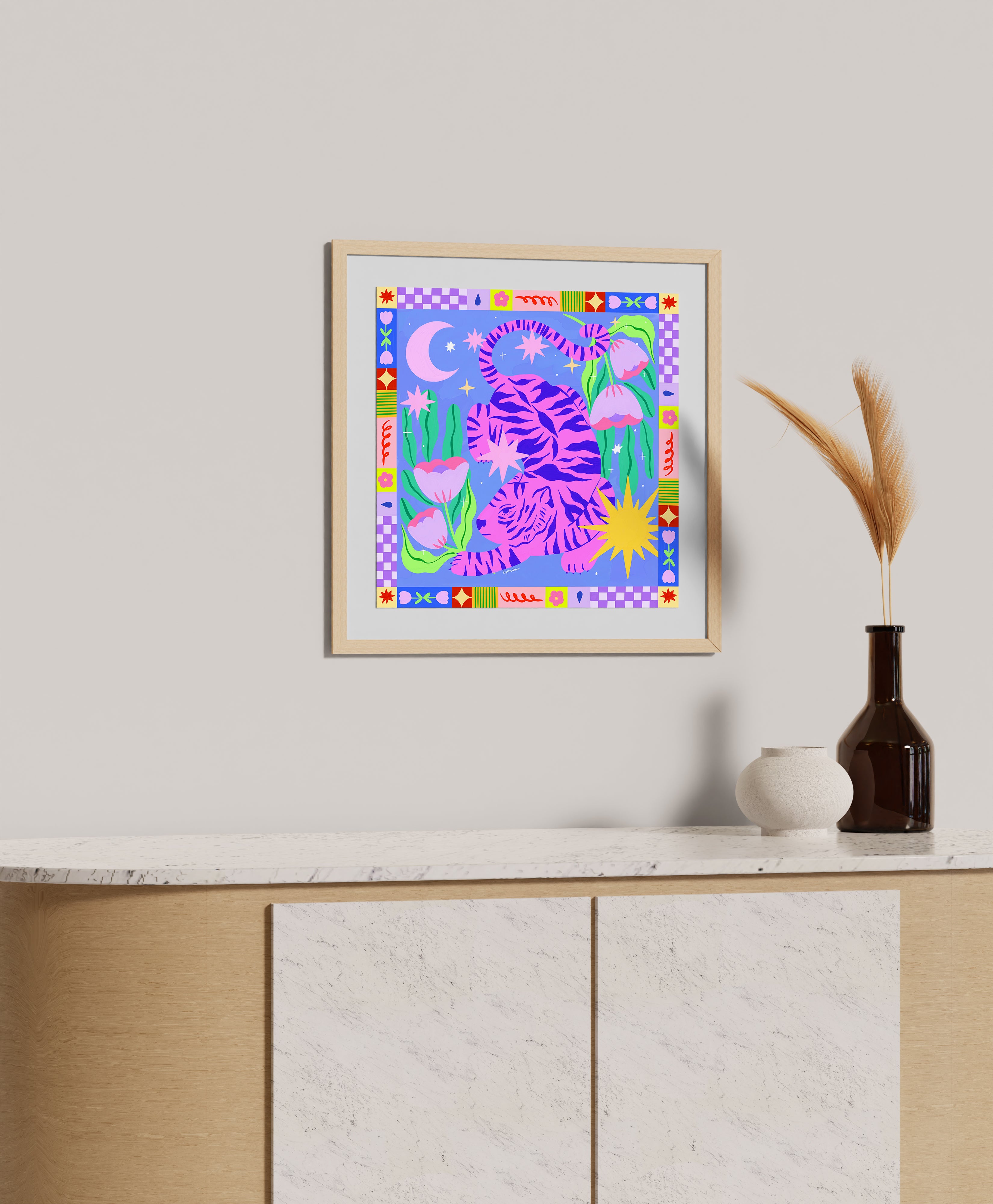 Starry Night & Pink Tiger Art Print