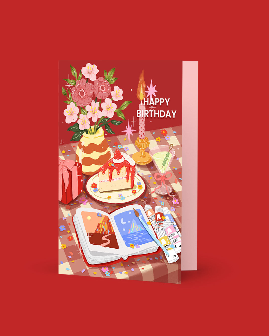 Folded A6 birthday card featuring artwork from “I’m Not Sorry For Celebrating Myself” by Ziyi Studio. Glossy finish, blank inside, kraft envelope included.
