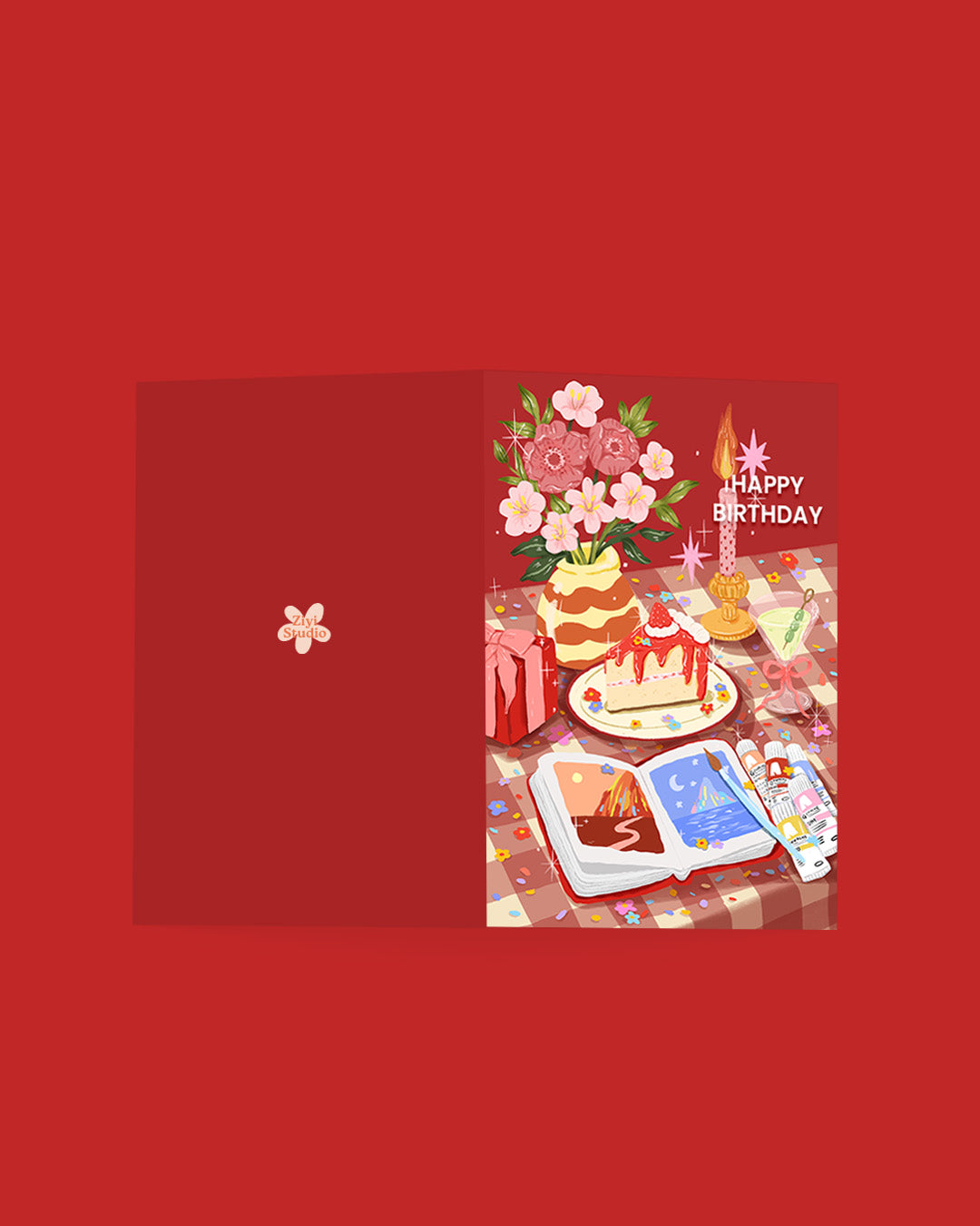 Folded A6 birthday card featuring artwork from “I’m Not Sorry For Celebrating Myself” by Ziyi Studio. Glossy finish, blank inside, kraft envelope included.
