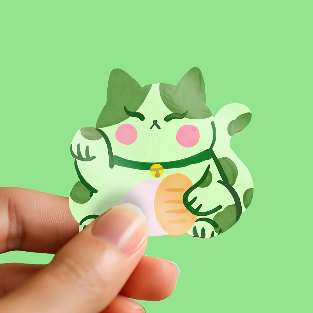Green Lucky Cat (Maneki-neko) Sticker