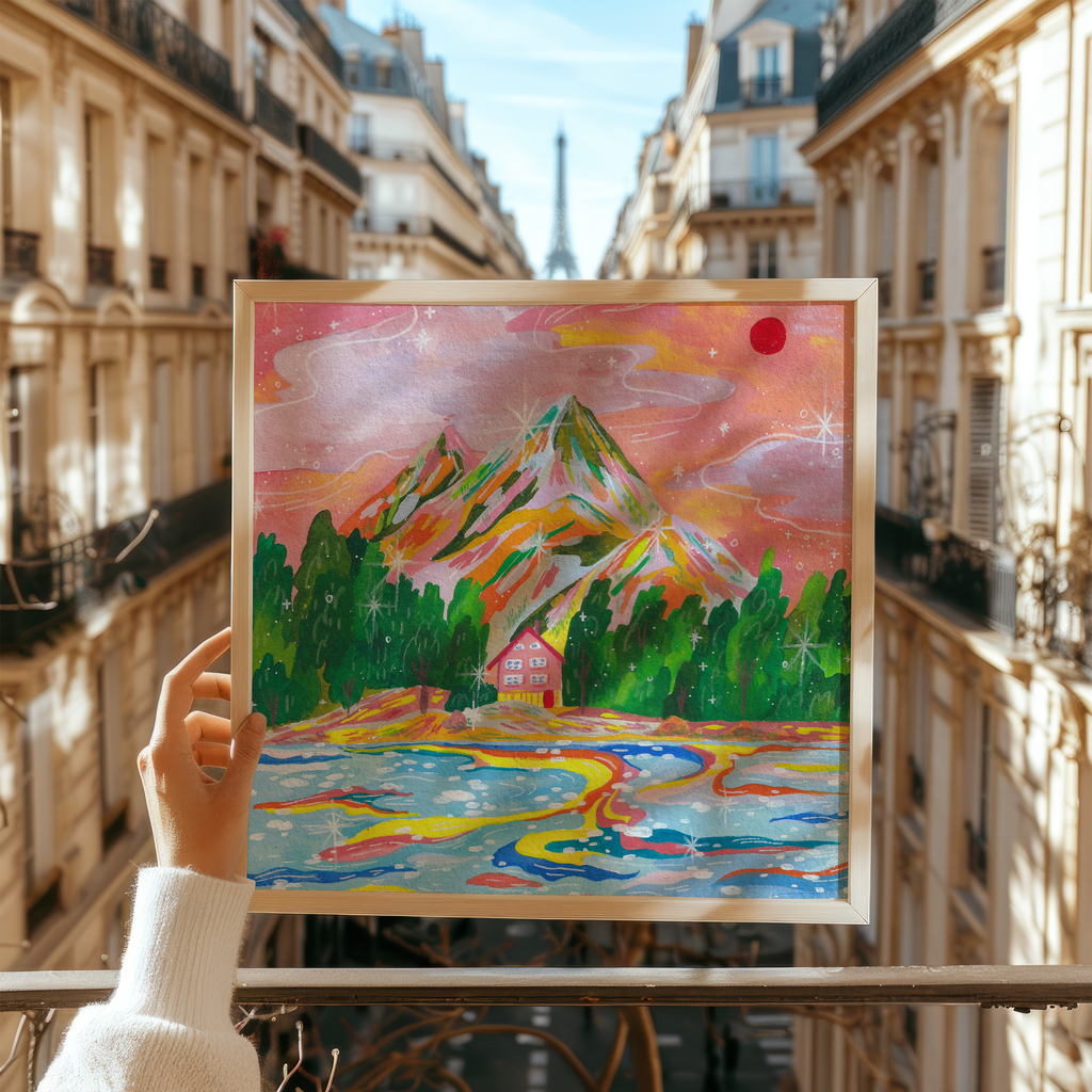 Hand-painted fantasy landscape titled “Dreamy Home” featuring a pink house, glowing river, and starry mountains in vibrant colors. Art print by Ziyi Studio.