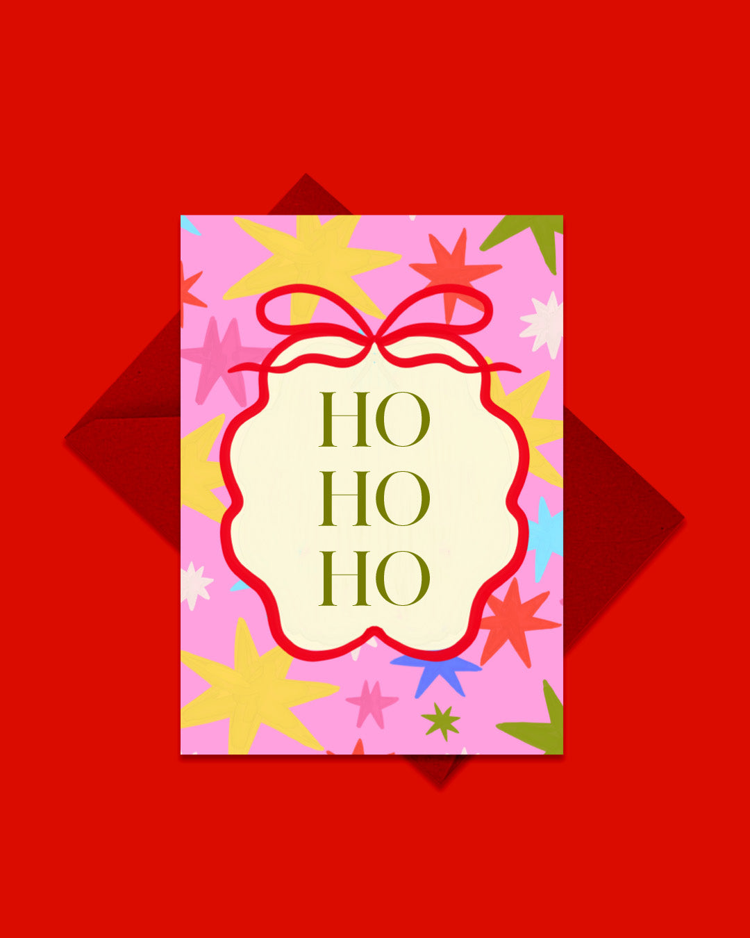 Ho Ho Ho Christmas card with red envelope, retro star pattern design by London artist