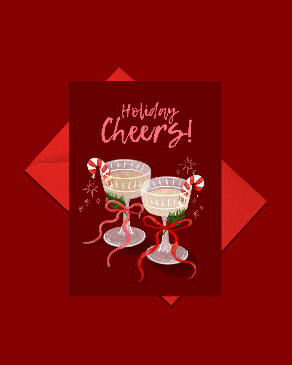 Holiday card with two cocktail glasses, candy canes, and 'Holiday Cheers!' text on a red background.