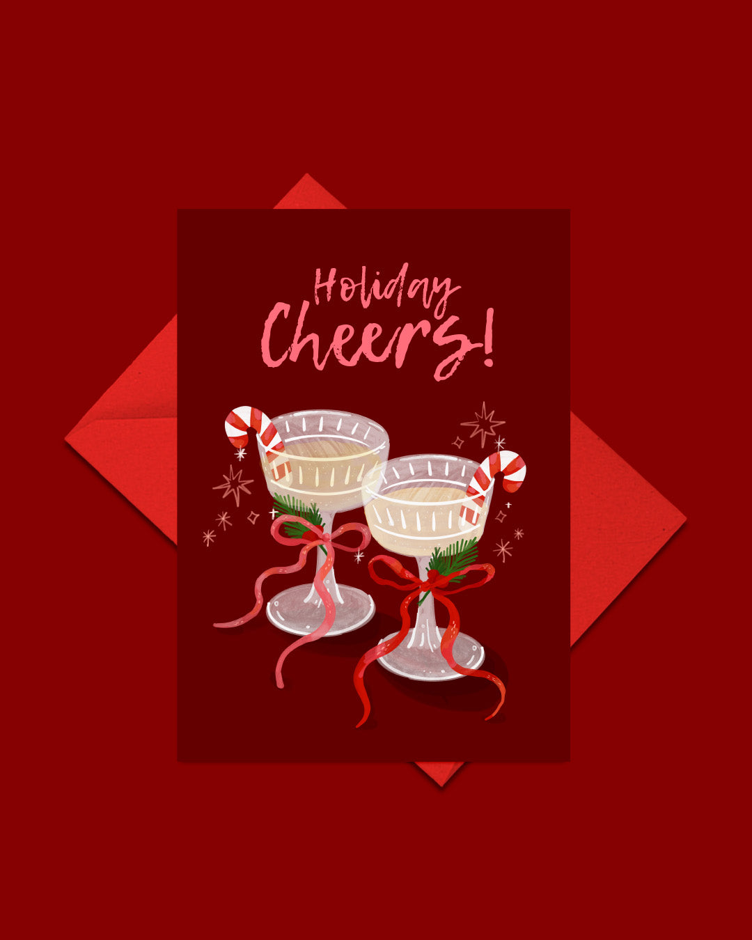 Holiday card with two cocktail glasses, candy canes, and 'Holiday Cheers!' text on a red background.