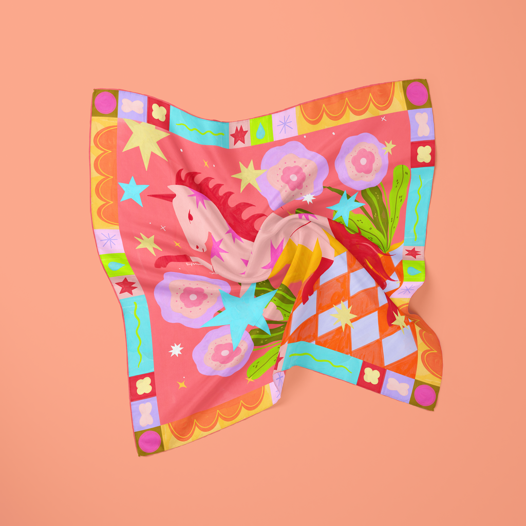 Stellar Pink Horse: Original Hand-Drawn Illustrated Silk Scarf