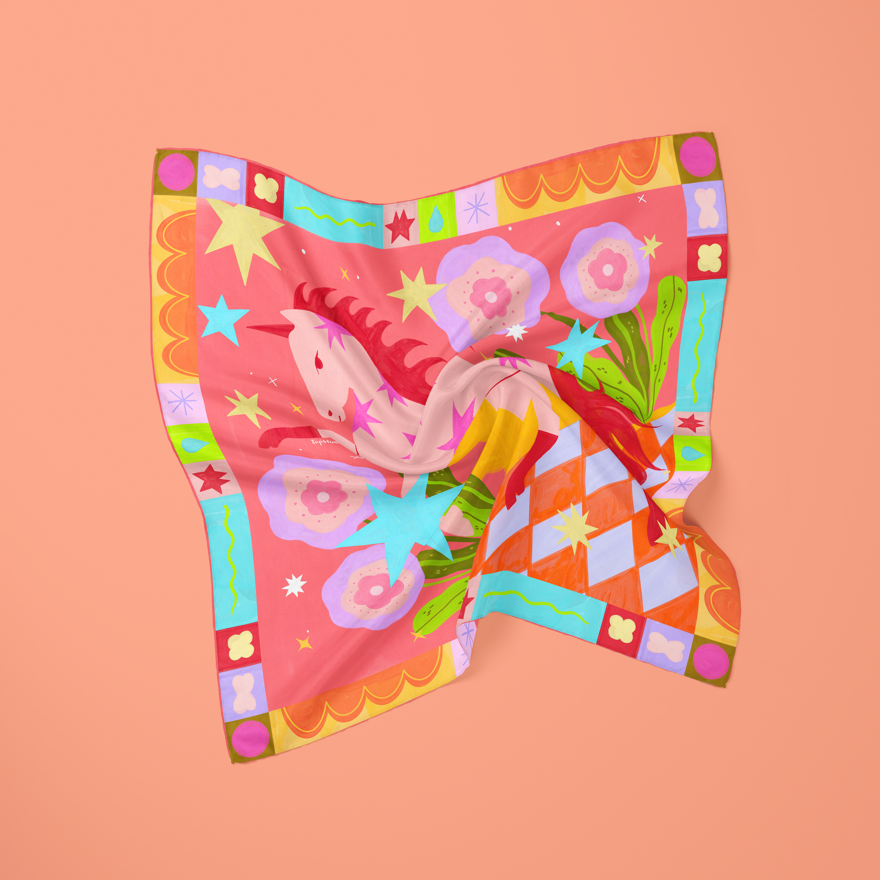 Stellar Pink Horse: Original Hand-Drawn Illustrated Silk Scarf