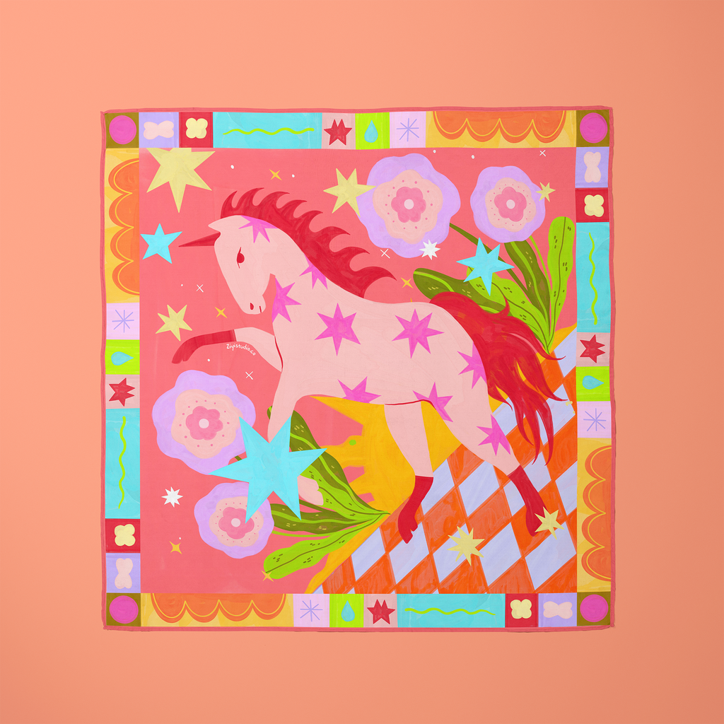 Stellar Pink Horse: Original Hand-Drawn Illustrated Silk Scarf