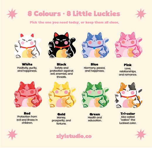 Illustrations of eight colorful cat-shaped figurines with their meanings on a light pink background.