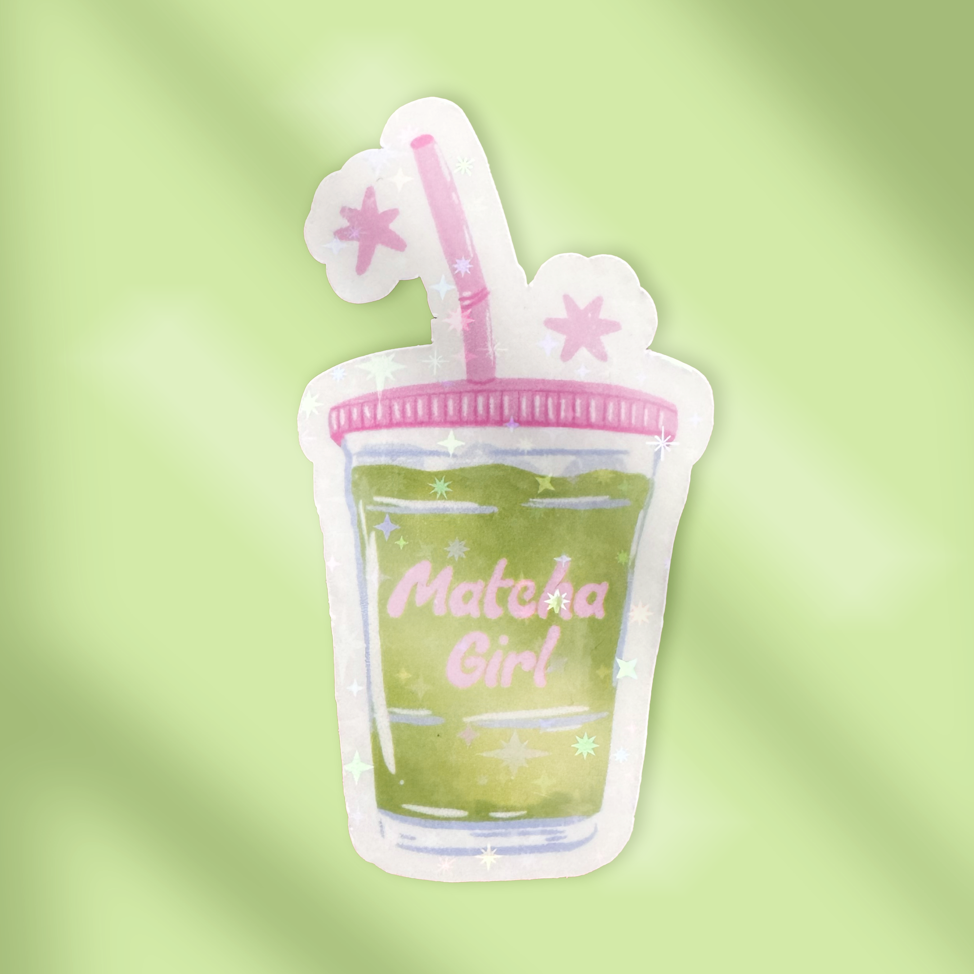 Matcha Girl sparkle glossy sticker featuring iced matcha latte cup design