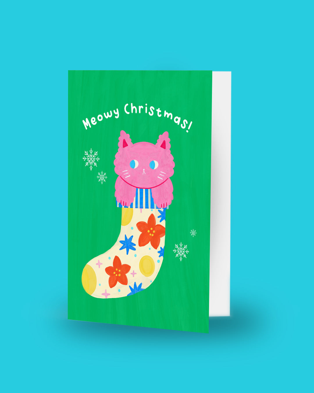 Meowy Christmas card open showing blank white inside pages