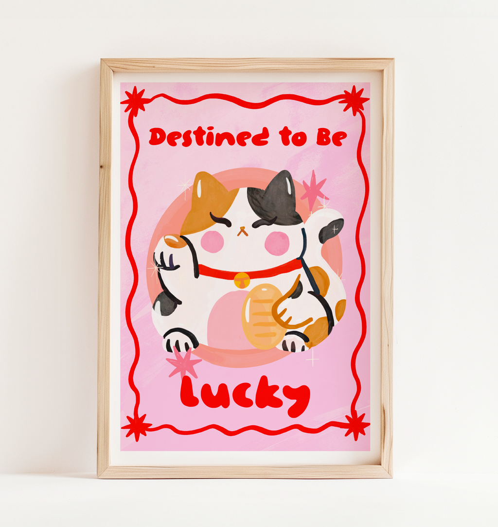 「命中註定好運」多色招財貓印製畫
