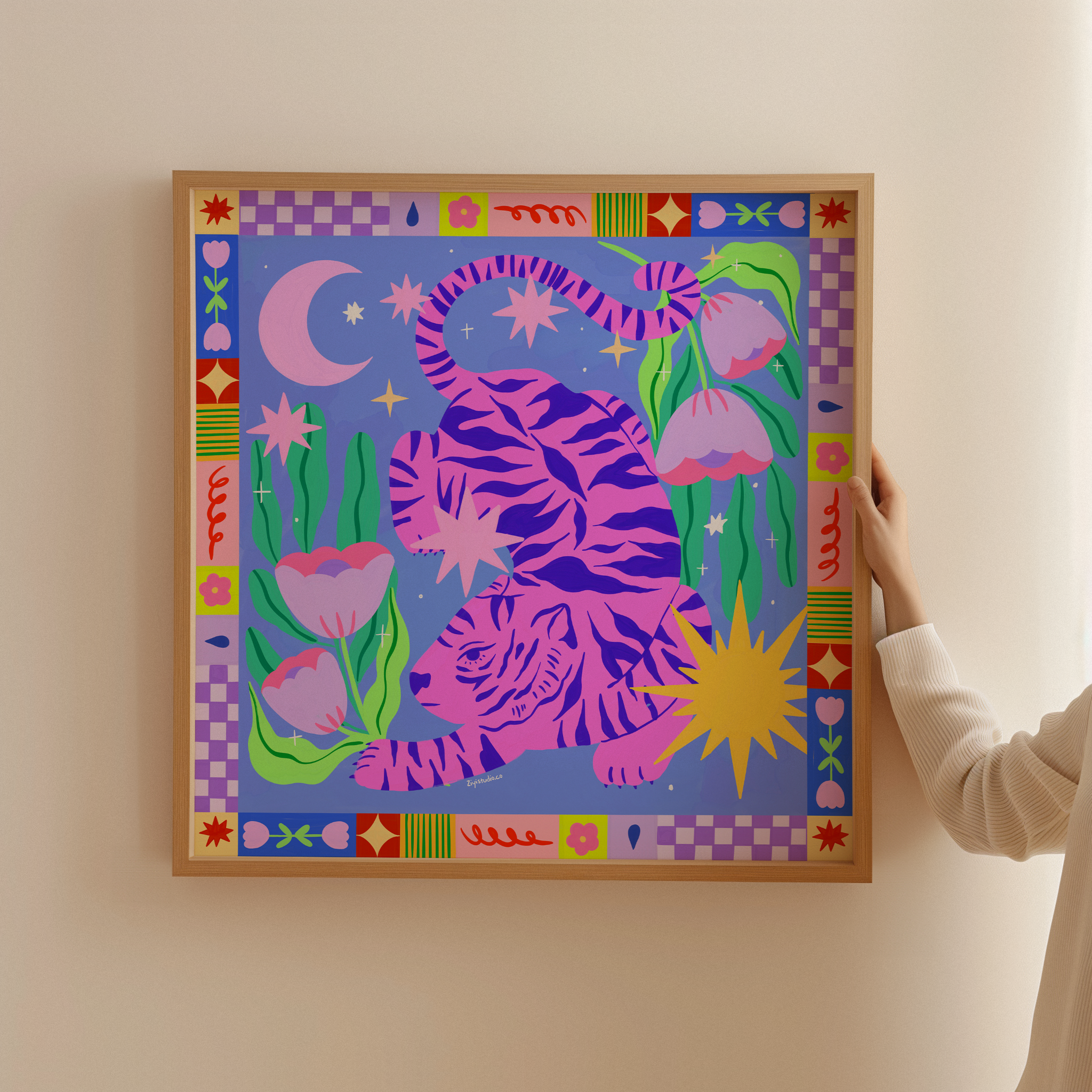 Starry Night & Pink Tiger Art Print
