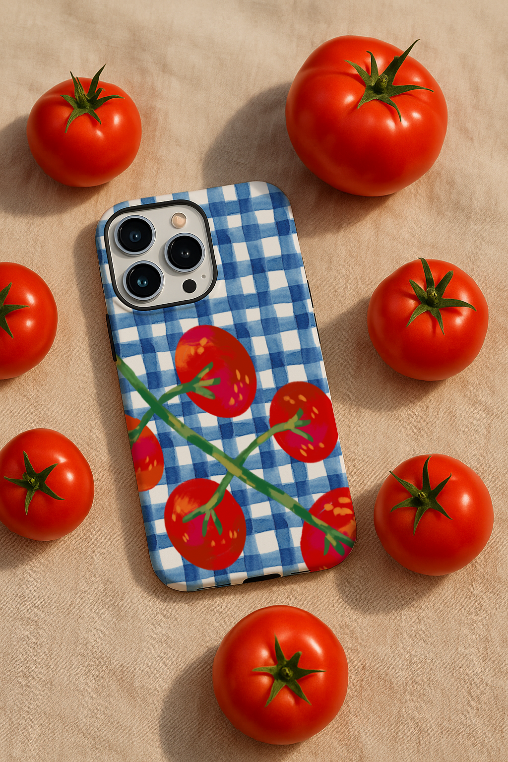 Flat lay of tomato phone case on beige cloth with surrounding cherry tomatoes, featuring blue gingham pattern and no visible text.
