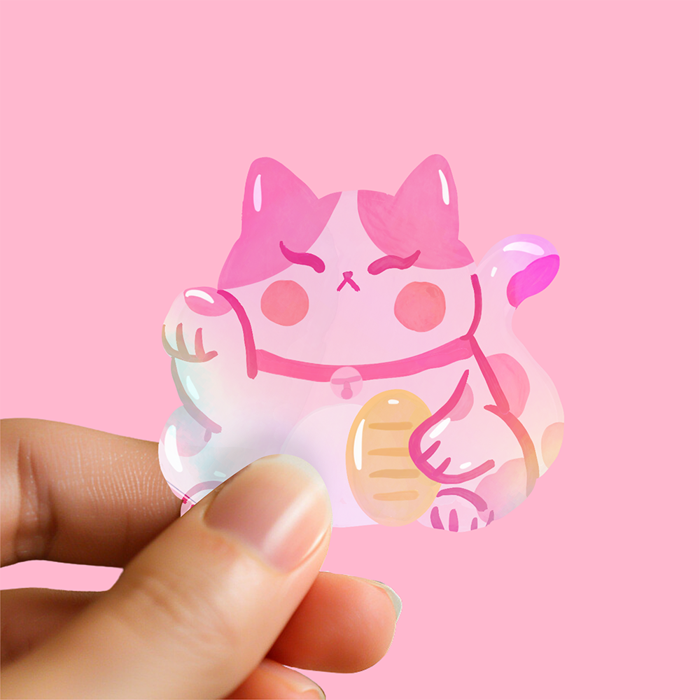 Pink Lucky Cat  (Maneki-neko) Holographic Sticker
