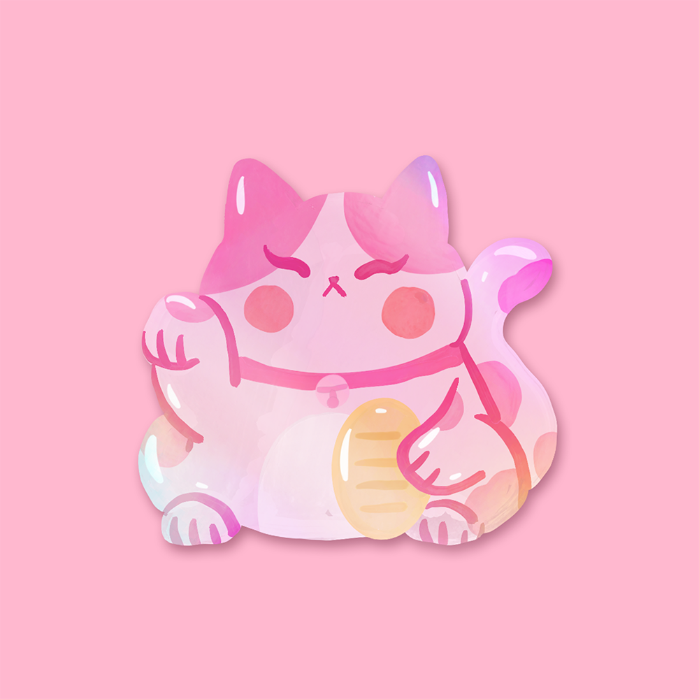 Pink Lucky Cat  (Maneki-neko) Holographic Sticker