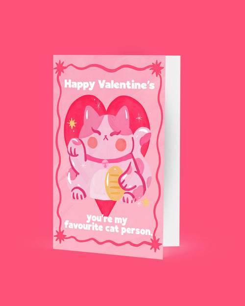 "Happy Valentine's You are my Favourite Cat Person" Pink Lucky Cat Greeting Card