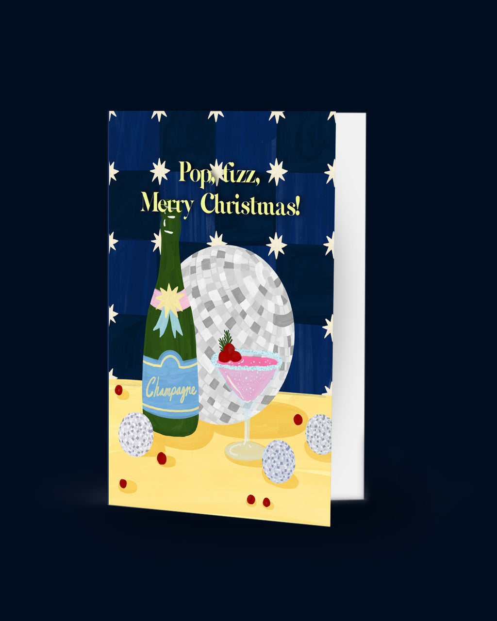 Pop Fizz Merry Christmas greeting card with red envelope, disco ball and champagne design by London artist