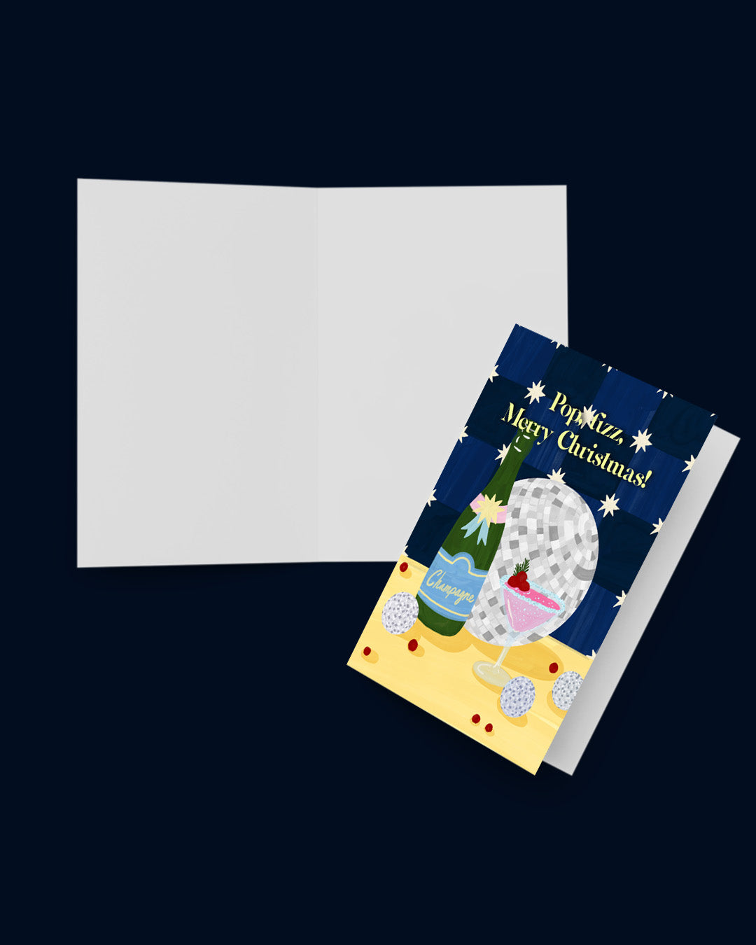 Pop Fizz Merry Christmas card open showing blank white inside pages