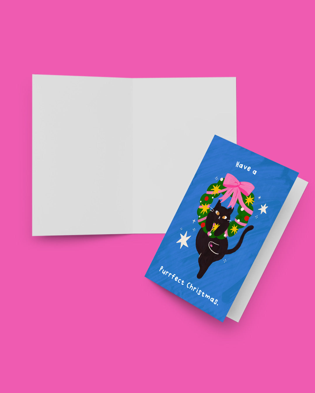 Have a Purrfect Christmas card open showing blank white inside pages