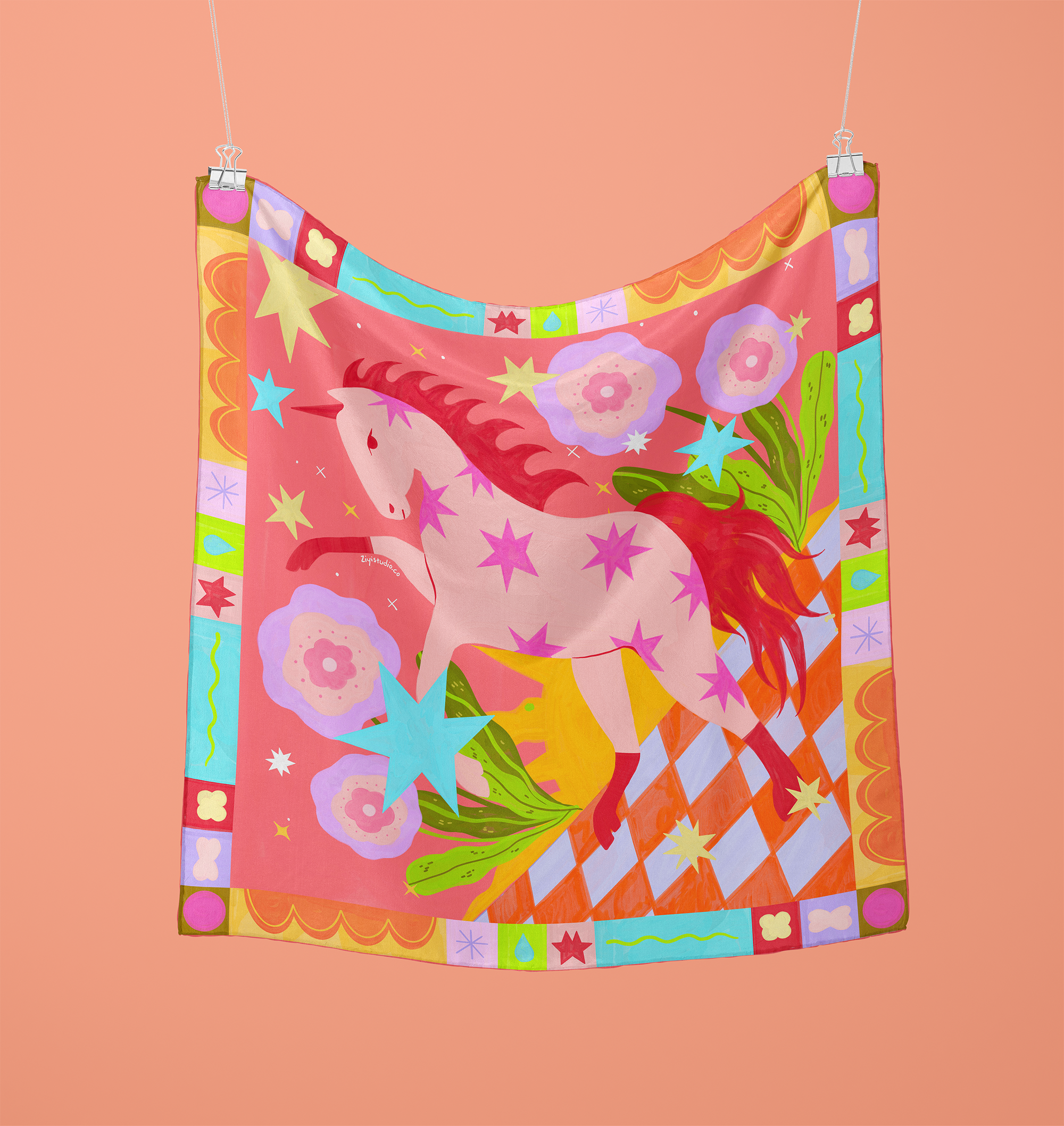 Stellar Pink Horse: Original Hand-Drawn Illustrated Silk Scarf
