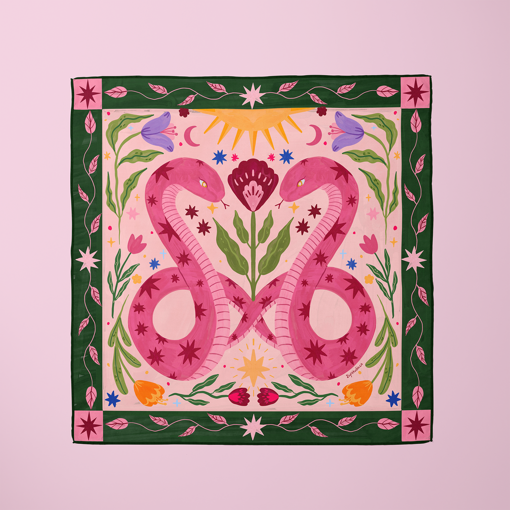 神秘雙蛇與星辰：原創手繪插畫絲巾
