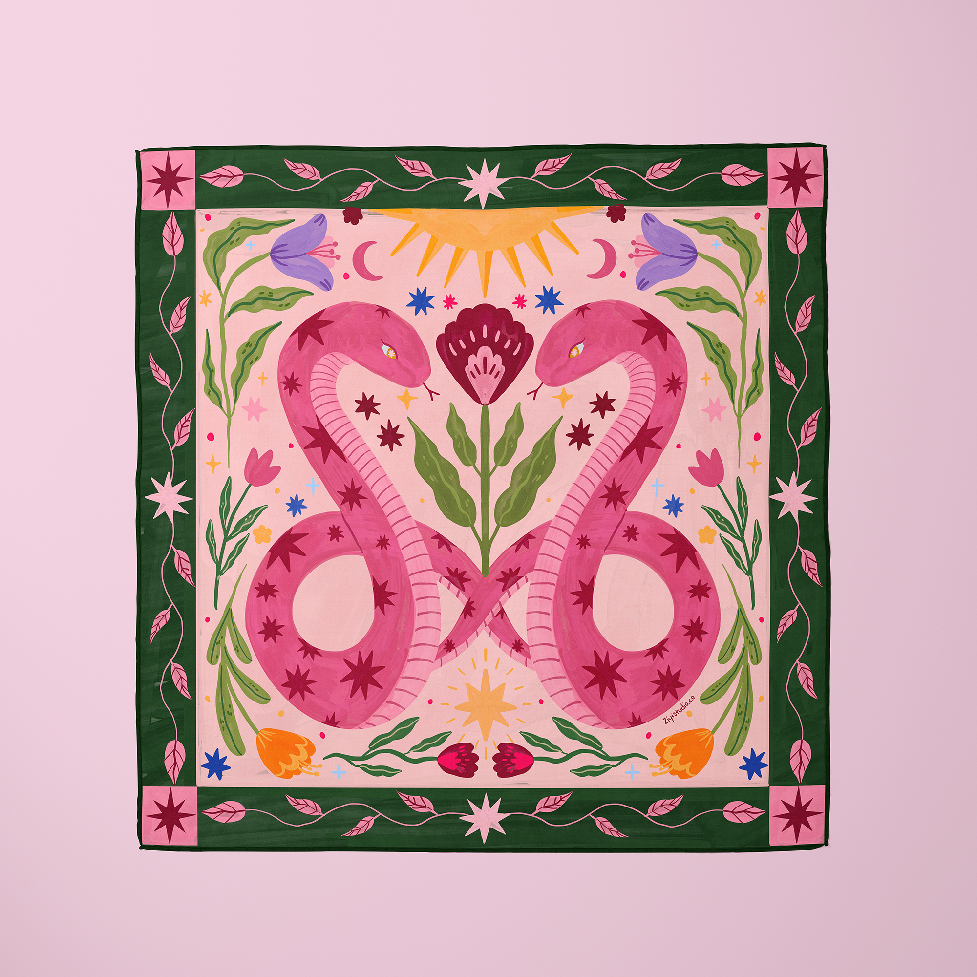 Mystic Twin Snakes & Stars: Original Hand-Drawn Illustrated Silk Scarf