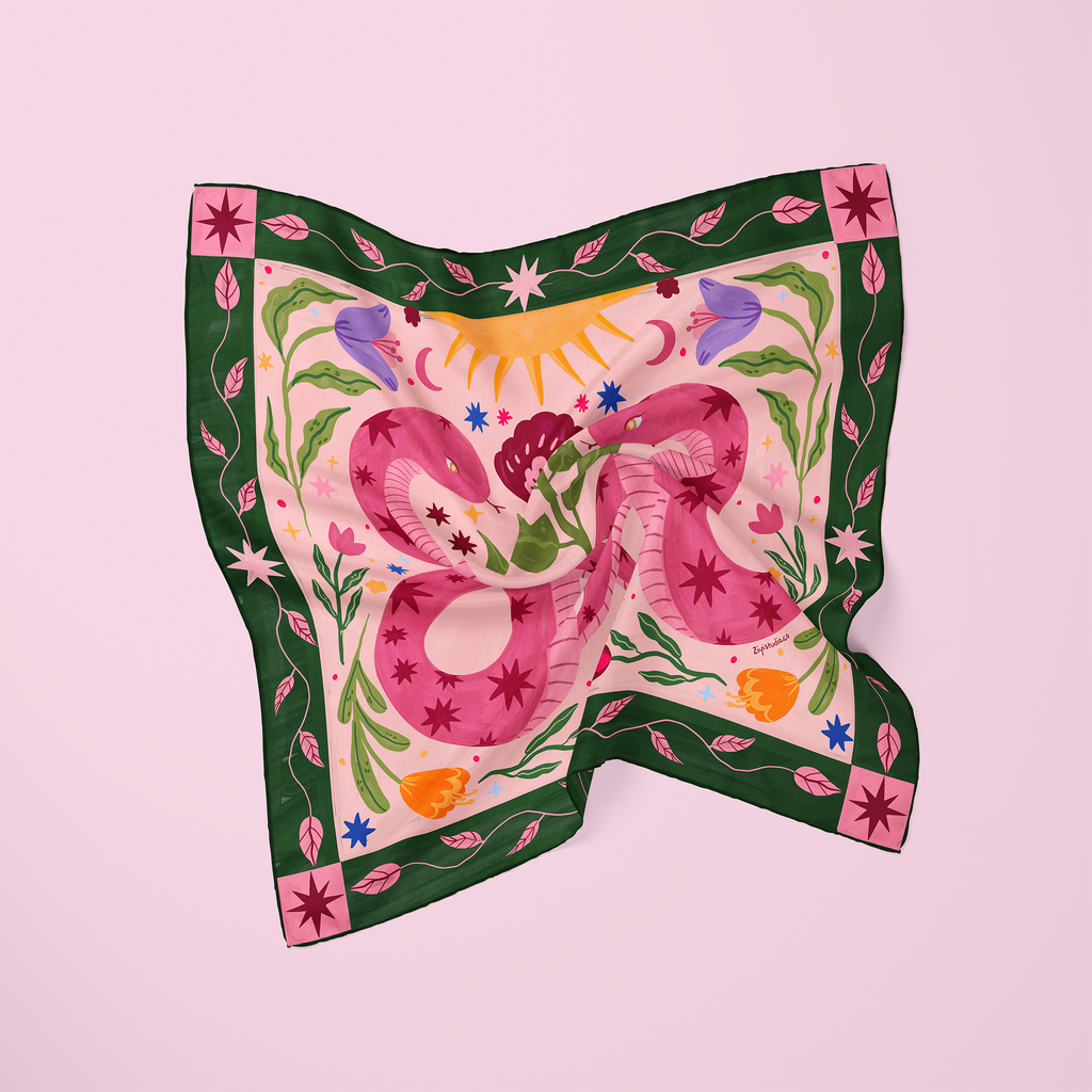 神秘雙蛇與星辰：原創手繪插畫絲巾
