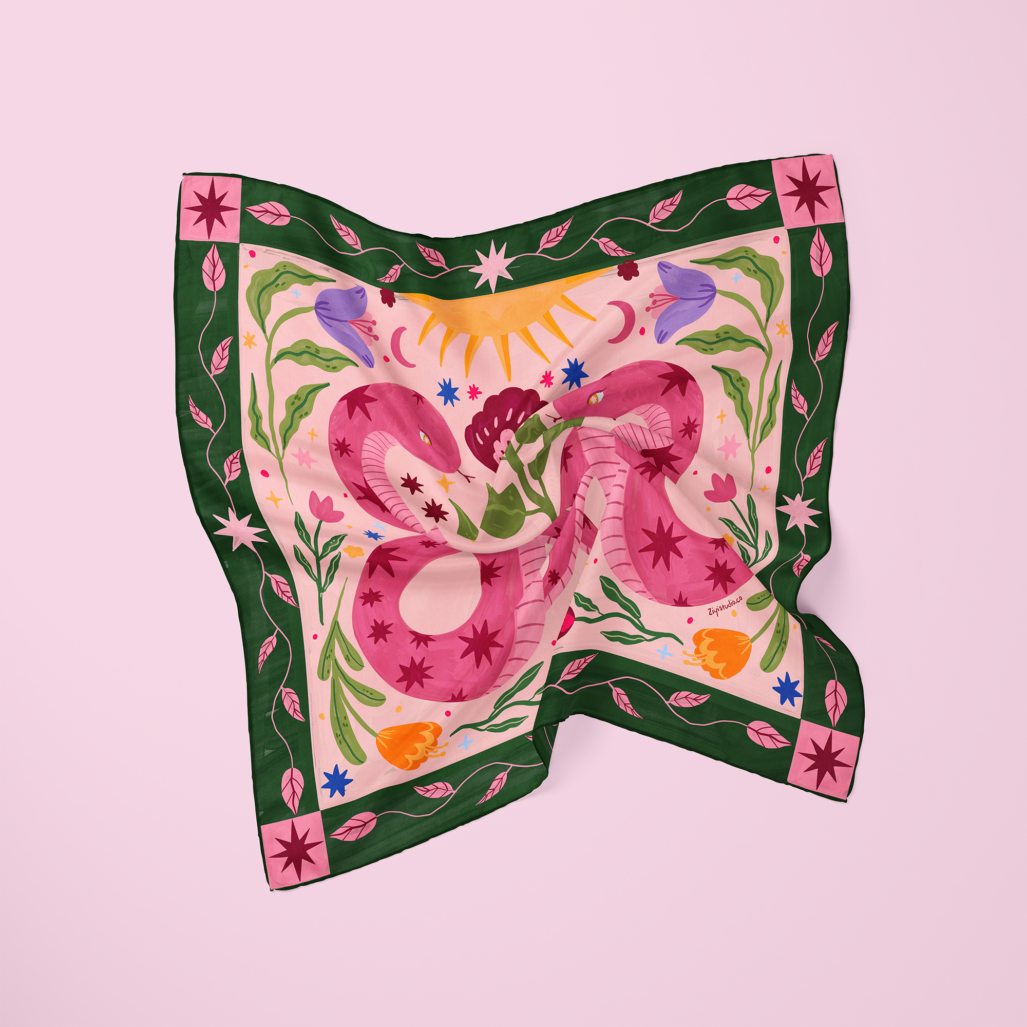 Mystic Twin Snakes & Stars: Original Hand-Drawn Illustrated Silk Scarf