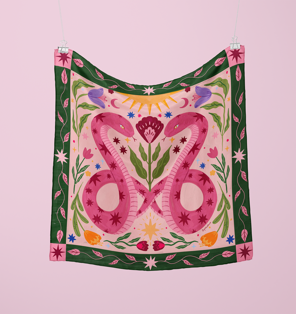 神秘雙蛇與星辰：原創手繪插畫絲巾
