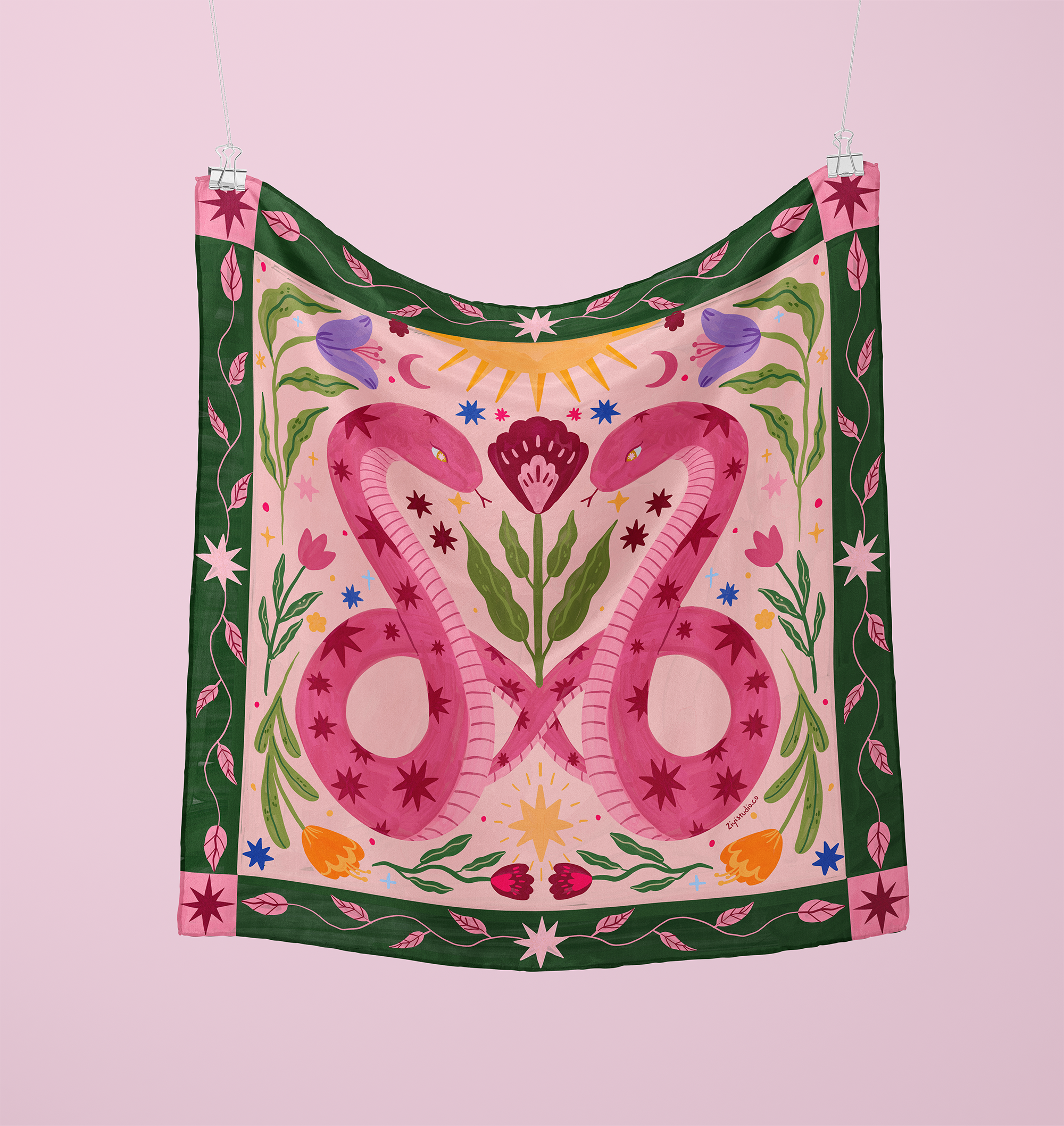 Mystic Twin Snakes & Stars: Original Hand-Drawn Illustrated Silk Scarf