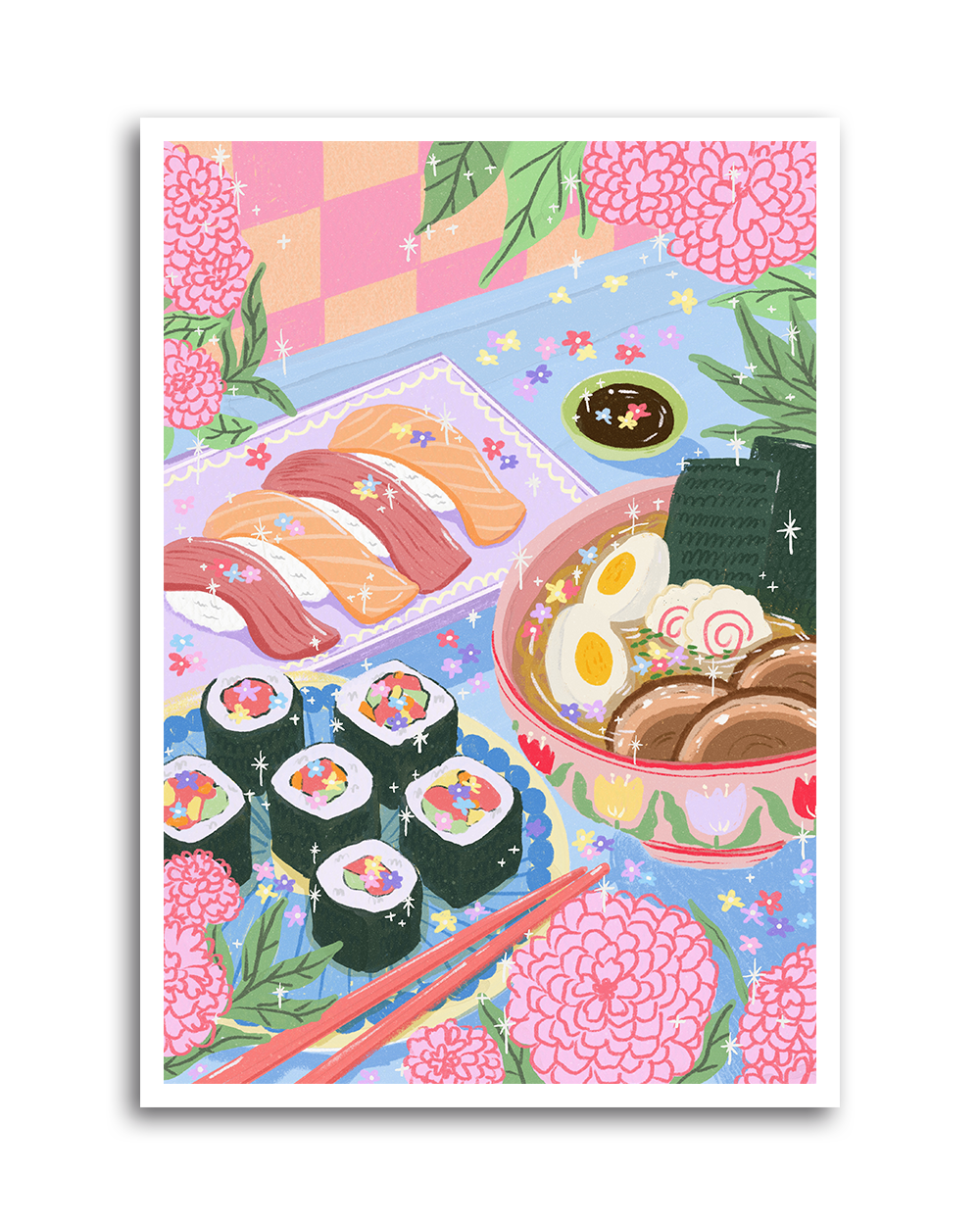 An illustrated art print depicting a scene with various Japanese foods such as sushi and ramen, Mount Fuji, and cherry blossoms.