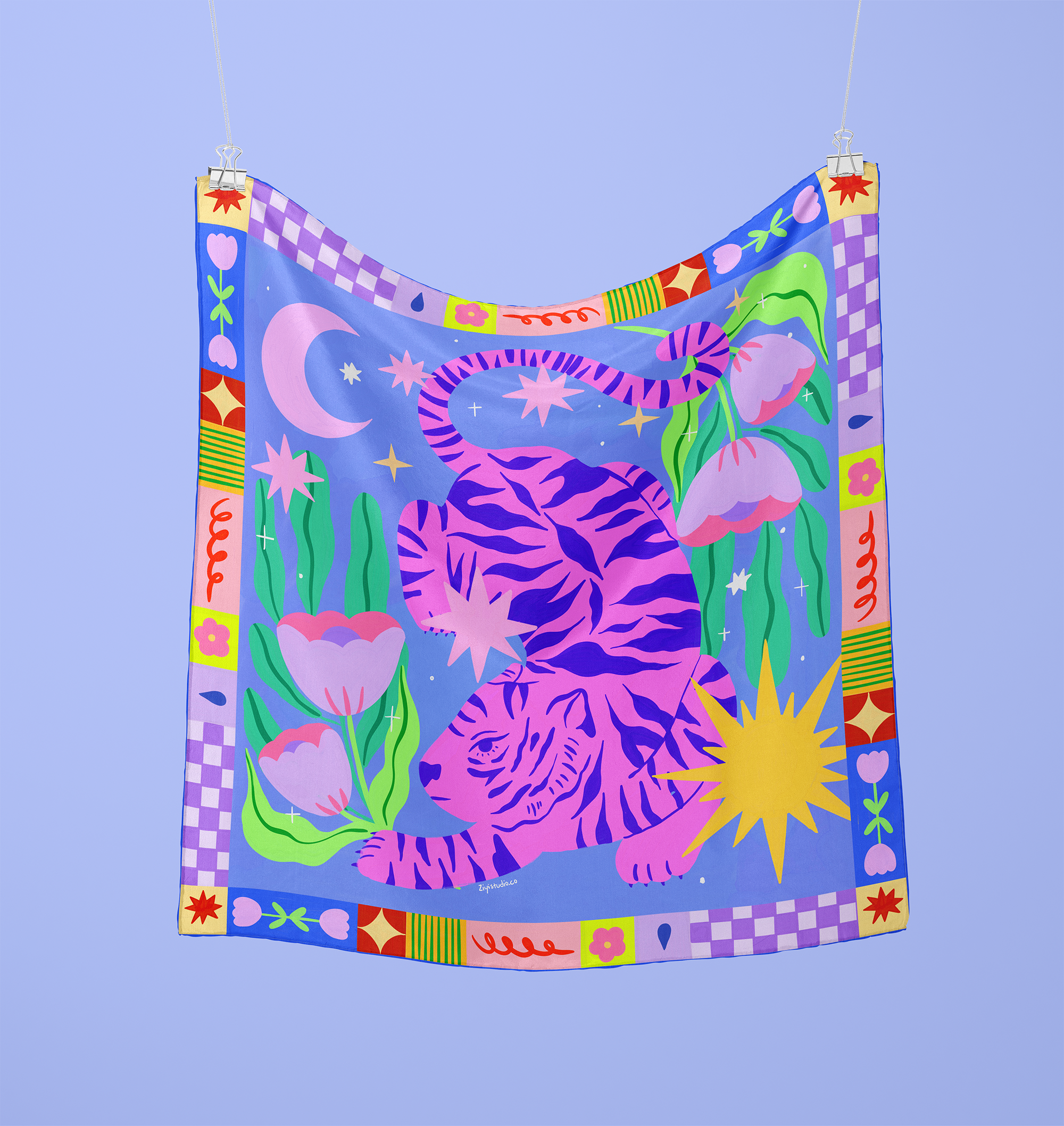 Blue Starry Night & Pink Tiger: Original Hand-Drawn Illustrated Silk Scarf