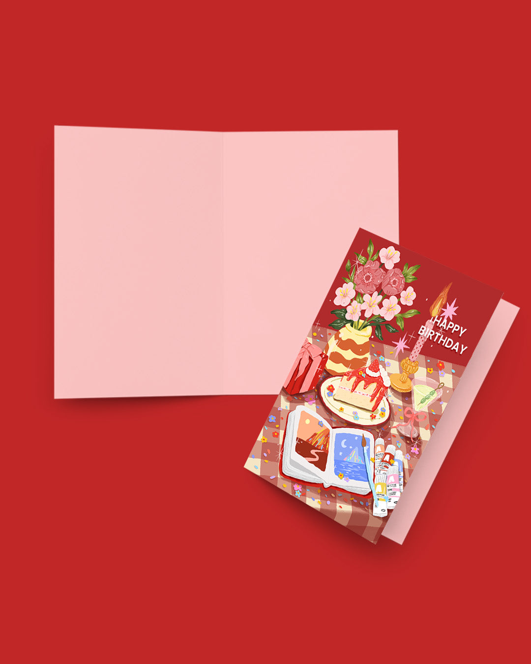 Folded A6 birthday card featuring artwork from “I’m Not Sorry For Celebrating Myself” by Ziyi Studio. Glossy finish, blank inside, kraft envelope included.
