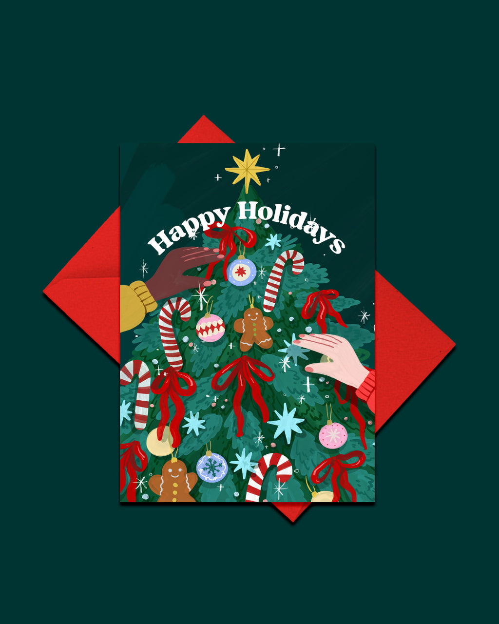 Christmas-themed card with 'Happy Holidays' text, decorated with a tree, ribbons, and candy canes on a green background.