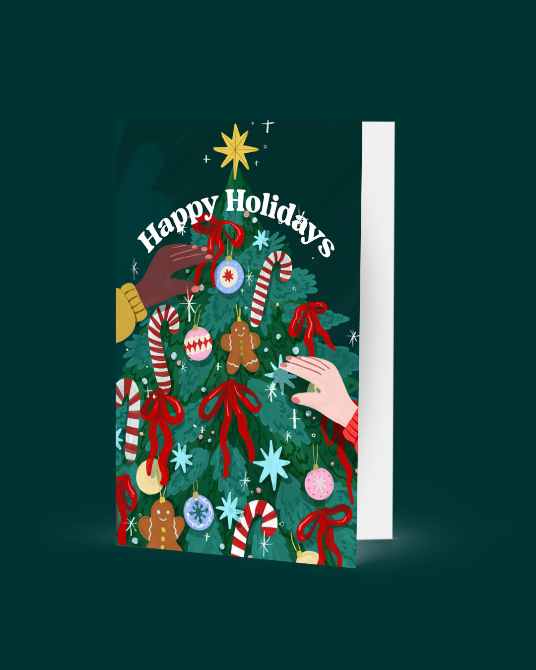 Greeting card with a Christmas tree design and 'Happy Holidays' text on a dark green background.