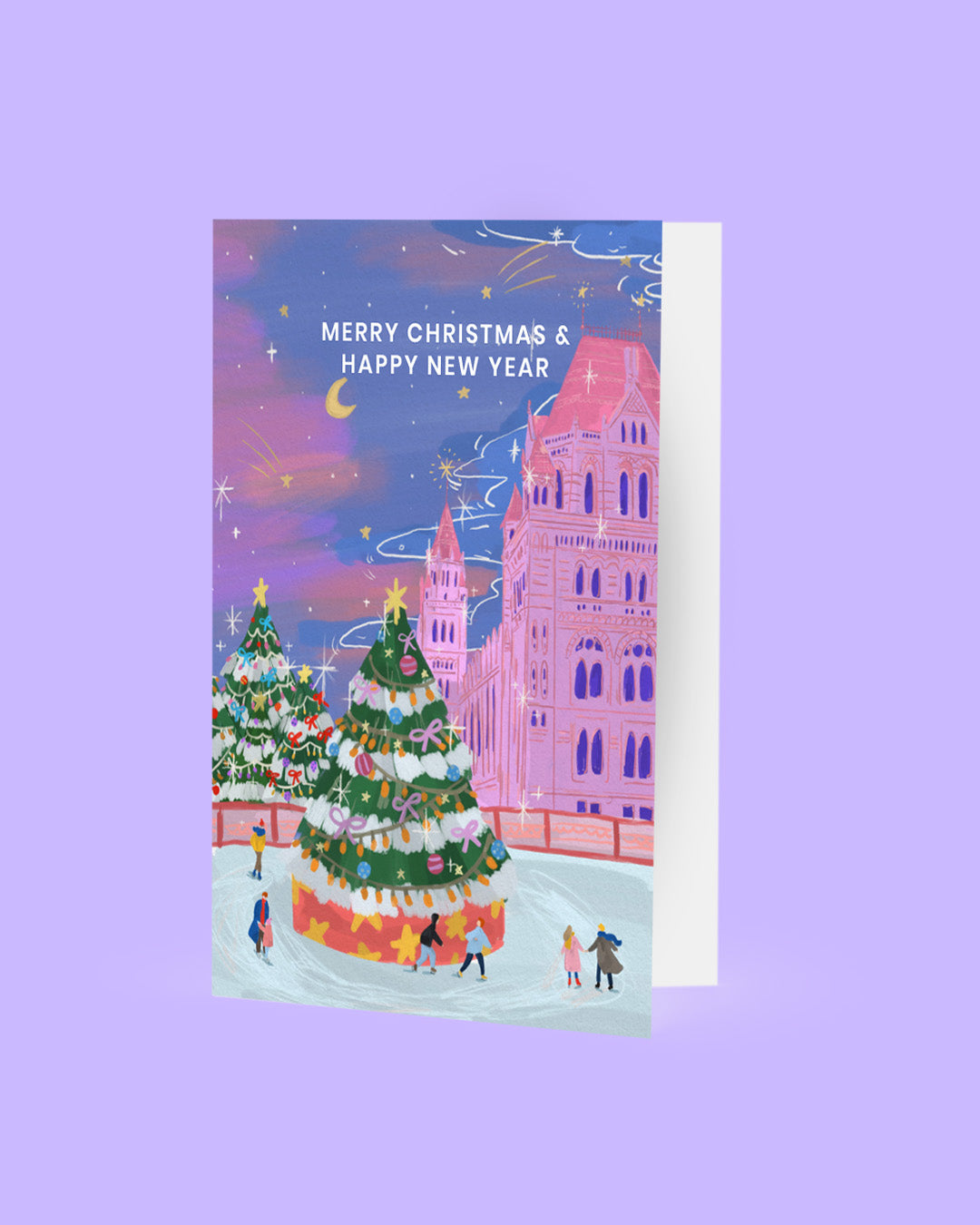 Christmas card with decorated trees and a building on a purple background