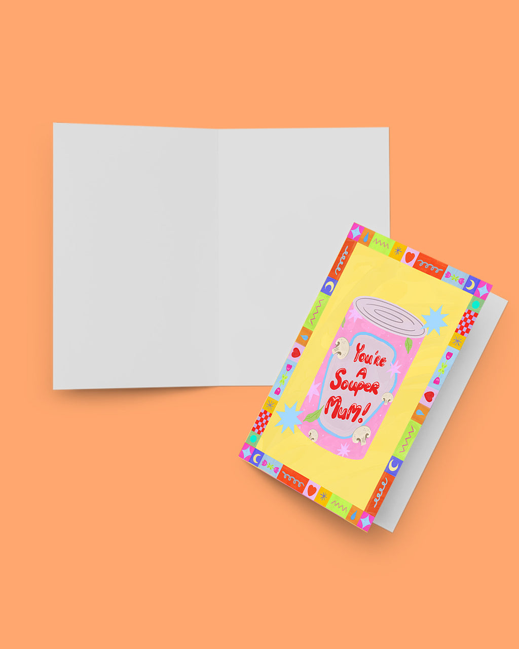 Colorful greeting card with a jar illustration on an orange background