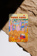 Colorful Hong Kong-themed card on crumpled brown paper