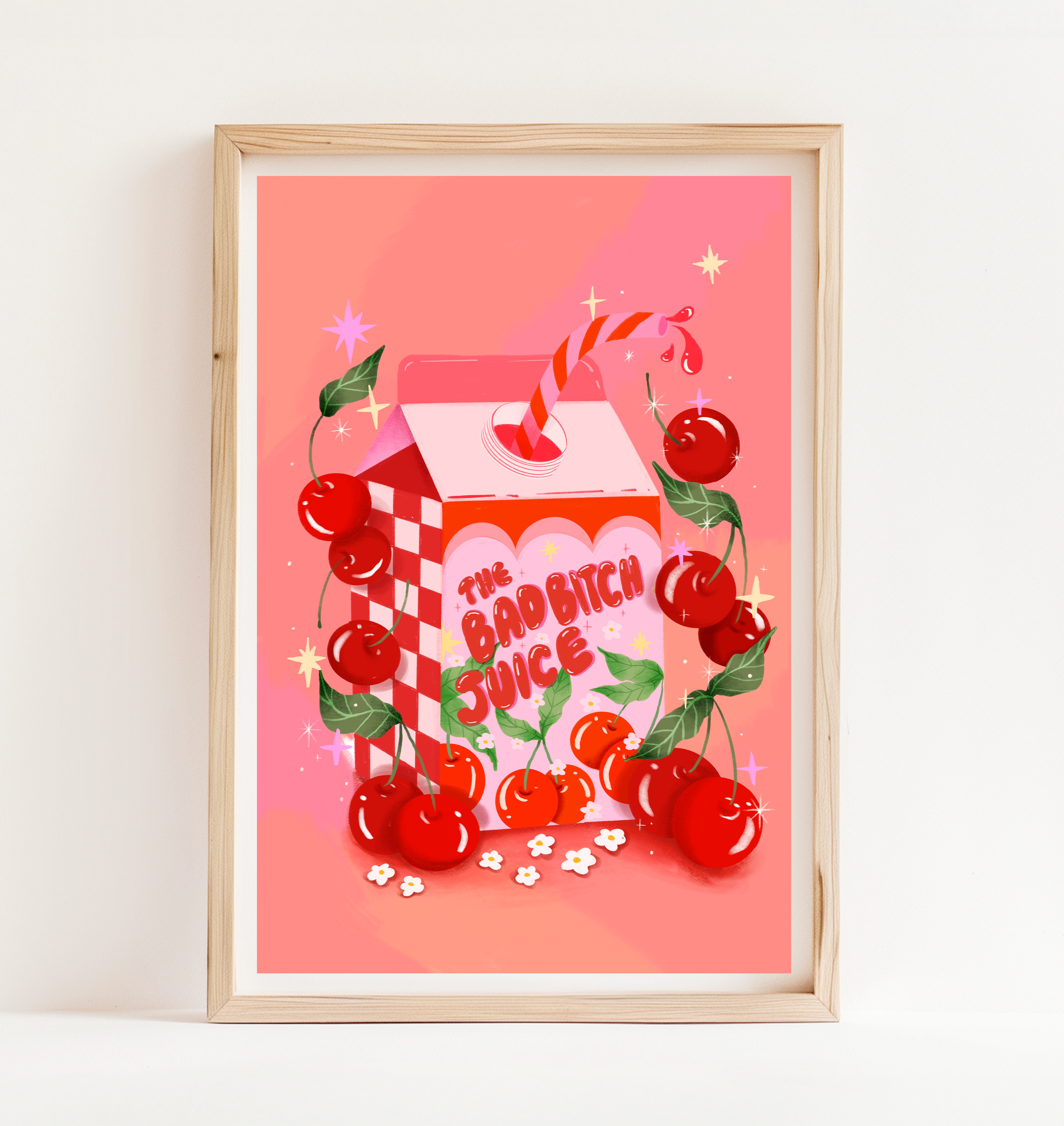 Retro-style art print titled “The Bad Bitch Juice,” featuring bold red and pink tones with sassy, confident vibes. Designed by Ziyi Studio for bold interior spaces.