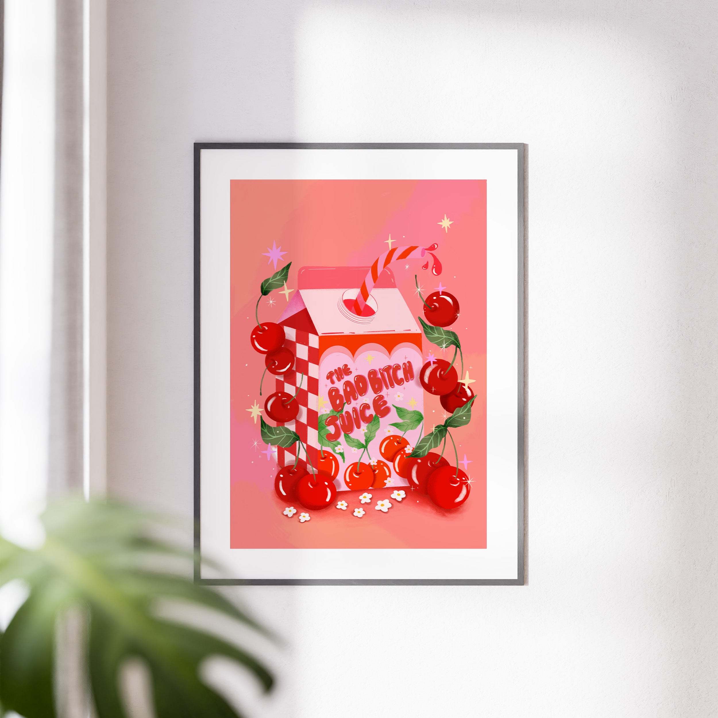 Retro-style art print titled “The Bad Bitch Juice,” featuring bold red and pink tones with sassy, confident vibes. Designed by Ziyi Studio for bold interior spaces.