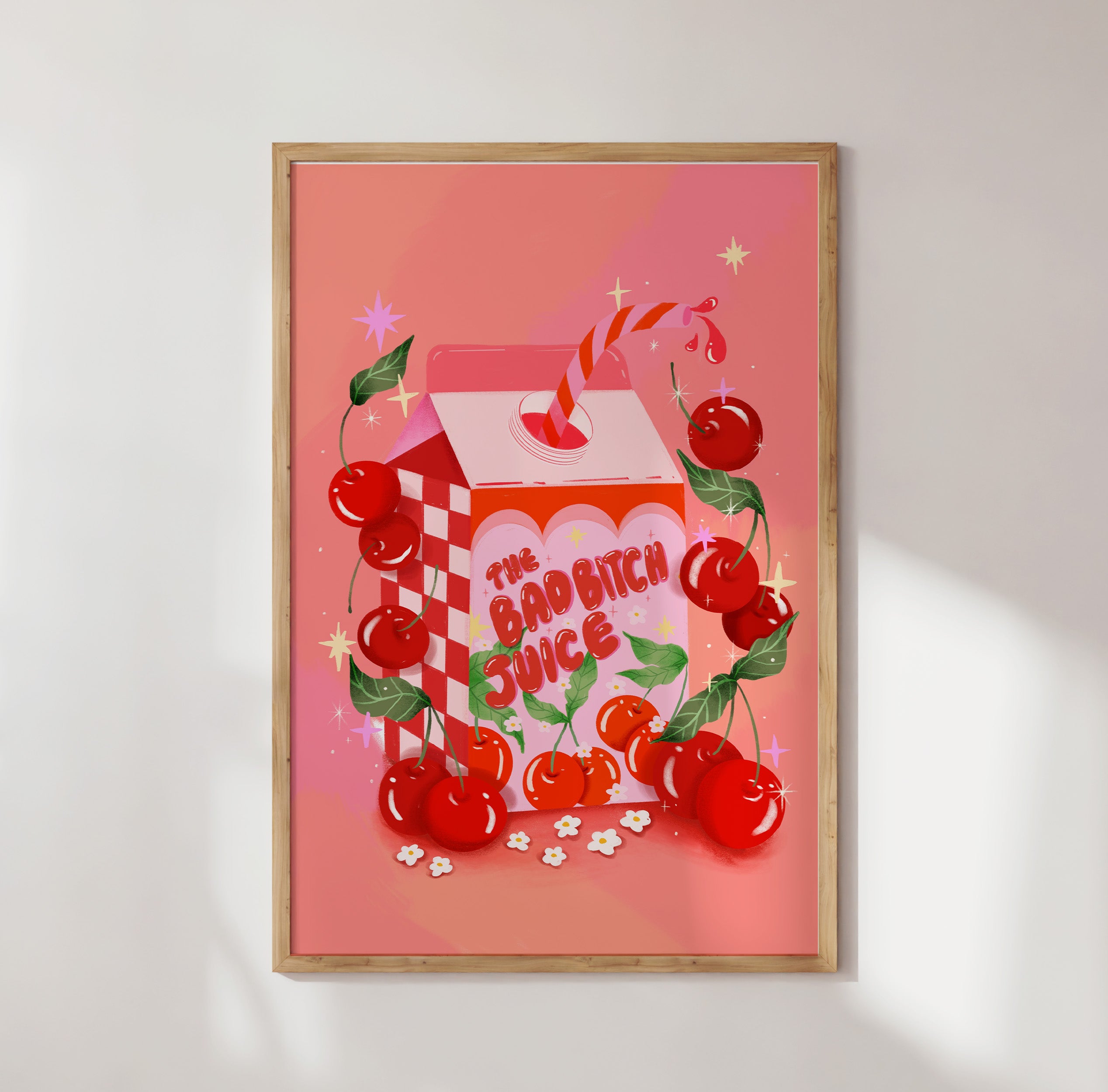 Retro-style art print titled “The Bad Bitch Juice,” featuring bold red and pink tones with sassy, confident vibes. Designed by Ziyi Studio for bold interior spaces.