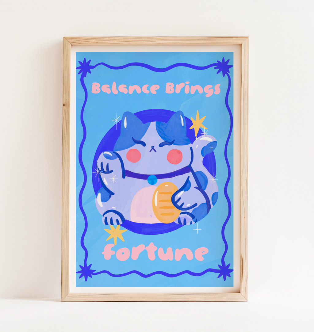 Balance Brings Fortune blue lucky cat art print framed on wall